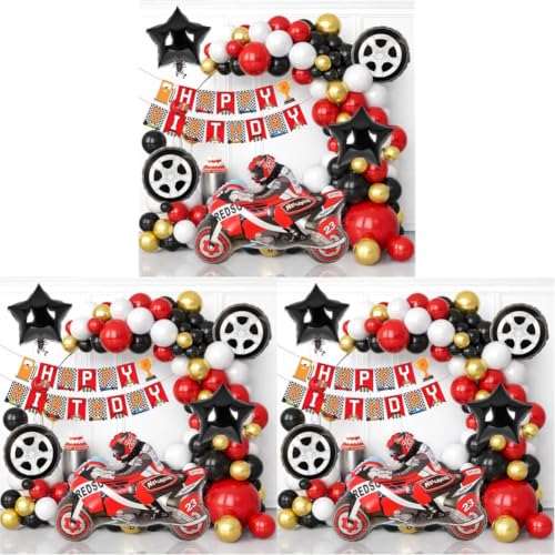 Image of Rozi Decoration Bike Theme Birthday Decoration Set - 58 Pcs Racing Party Supplies with Balloons, Banner, Motorbike Foil Balloon, Wheel & Star Foil Balloons for Kids Birthday Party Decor (Pack of 3)