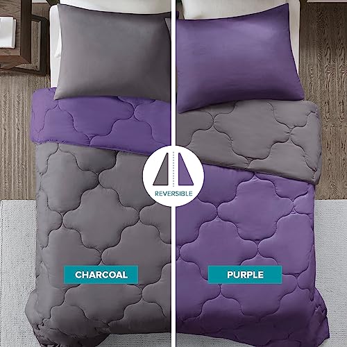 Image of Comfort Spaces Vixie Comforter Set-Modern Geometric Quaterfoil Cloud Quilted Design All Season Down Alternative Bedding, Matching Shams, Full /Queen(90 inchx90 inch), Microfiler Reversible Purple /Charcoal