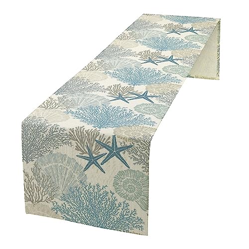 Image of Coastal Beach Tablecloth,Sea Animals Starfish Summer Theme Nautical Sea Shells Satrfish Theam,Summer Ocean Home Decor for Table Dining Room Kitchen,Blue,13x60 inch