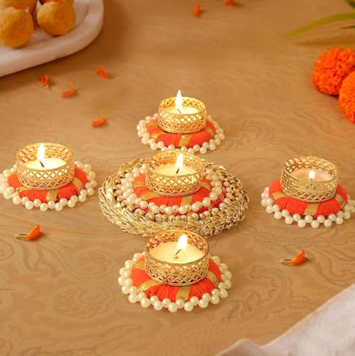 Image of TIED RIBBONS Set of 6 Florals Tealight Candle Holders for Diyas Decor Centerpieces Votives - Decorations Items for Home Decor (Yellow, Pack of 6)