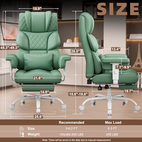 Image of Vonesse Big and Tall Office Chair, Desk Chair with Soft Adjustable Armrests, Ergonomic High Back Gaming Chair with Lumbar Support, Executive Computer Chairs with Footrest (PU Leather, Green)