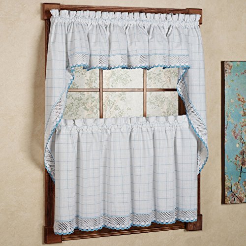 Image of Kitchen Curtains for Windows 40+ Styles & Colors Swag, Valance, Tier Sets & Panels Cafe Curtains for Farmhouse, Rustic, Modern Decor, Adirondack White /Blue, 36 inch Tier Valance Set