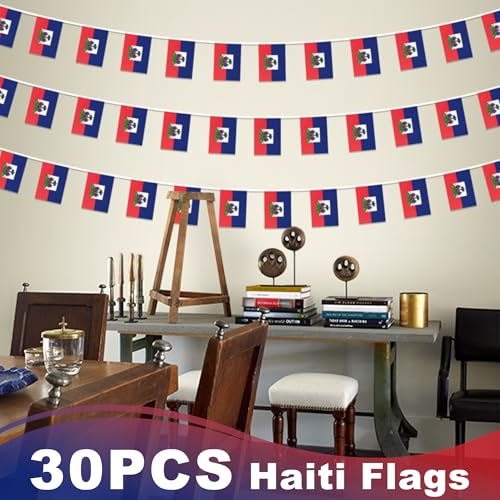 Image of Haiti String Flag Pennant Banner, Small Mini Haitian Flags Bunting Banner, National Country Decoration for School, Party, Sports Events, Patriotic Festival, 33 Feet 30 Flags
