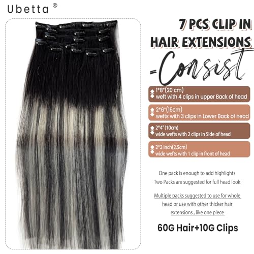 Image of Clip in Hair Extensions Real Human Hair 16 Inch Ombre Black Balayage Silver Highllights Hair Extension Real Human Hair Clip ins 7 pcs Double Weft s Remy Human Hair Clip in Extensions