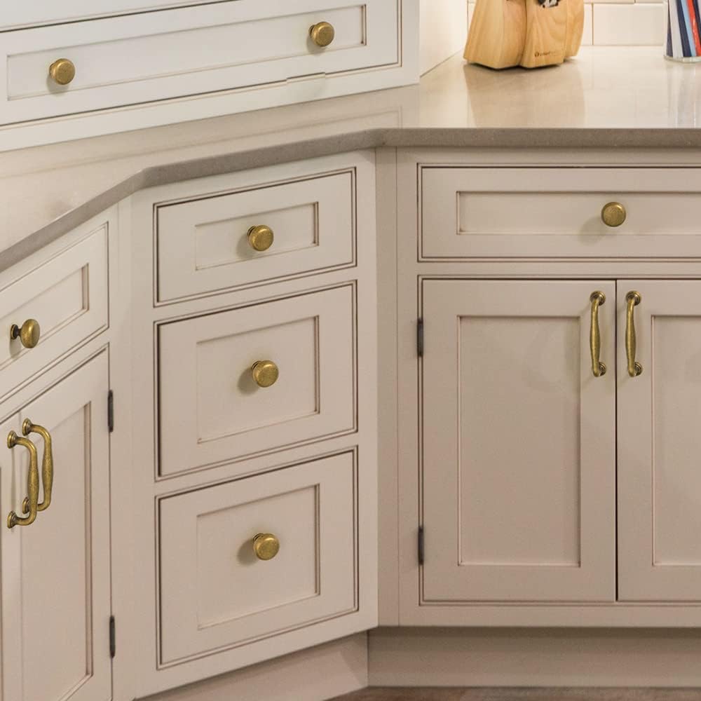 Set of 12 Elegant Antique Brass Cabinet Knobs - Classic Round Kitchen Hardware, Vintage Drawer Pulls Sleek Retro Dresser Handles