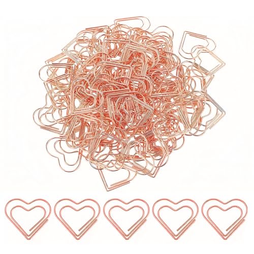 KLINNA 50 clips de papel en forma de corazón, oro rosa, pequeños y elegantes en dispensador, ideas con corazón, diseño de amor, clips de papel y clips de papel, para oficina, escuela, aula, clip de