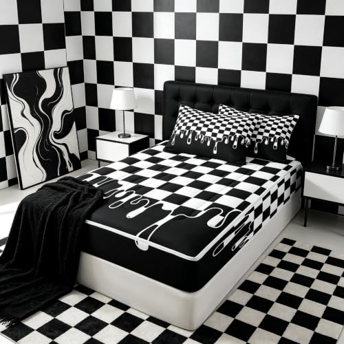 Image of Black and White Checkered Easy Wash Zipper Bedding Full,Checkerboard Drip Removable Cover Comforter Set with Deep Pocket Fitted Sheet,Y2K Aesthetic Geometric Soft Breathable Bed in a Bag for Dorm
