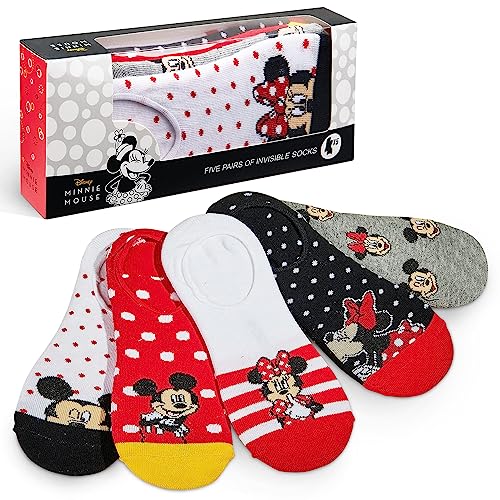 Disney Calcetines Tobilleros Niña, Packs de 5 Pares de Calcetines Invisibles, Regalos para Niñas (Blanco/Rojo)