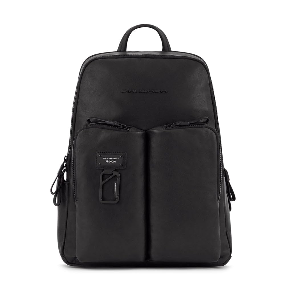 PIQUADRO - Zaino PC 15,6" e Tablet 12,9" Pelle - Uomo - Nero | Spallacci imbottiti, Doppio alloggio device, Vani organizzati, Ufficio, Business