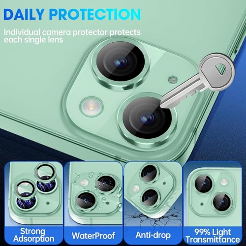 Image of Skinomi Camera Lens Protector Compatible with iPhone 15 plus [Anti-Scratch] Premium Tempered Glass Film Aluminum Alloy Lens Ring Cover, Green Titanium