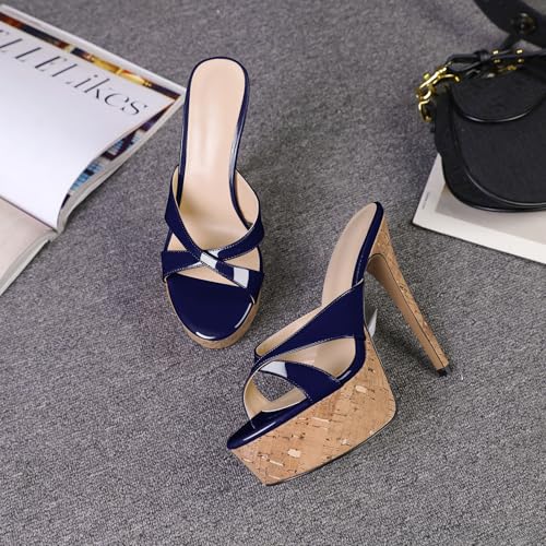 Image of Esvowido Heeled Mules for Women Cork Platform Stiletto Heels Slip on Open Toe High Heeled Sandals Crisscross Slippers Pumps Shoes