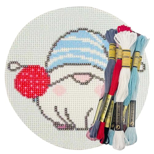 Image of Howie's Needlepoint Needlepoint Kits, 18CT Printed Embroidery Pattern Starter Kits, Stamped Patterns Canvas Kits(Gnome with Blue Striped Nightcap,4x4inch)