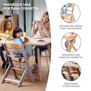 Kinderkraft Seggiolone Pappa in Legno ENOCK, Evolutivo, Multifunzionale, Sedia Ergonomica, Altezza Regolabile, Facile da Pulire, dai 6 Mesi ai 10 Anni, Naturale