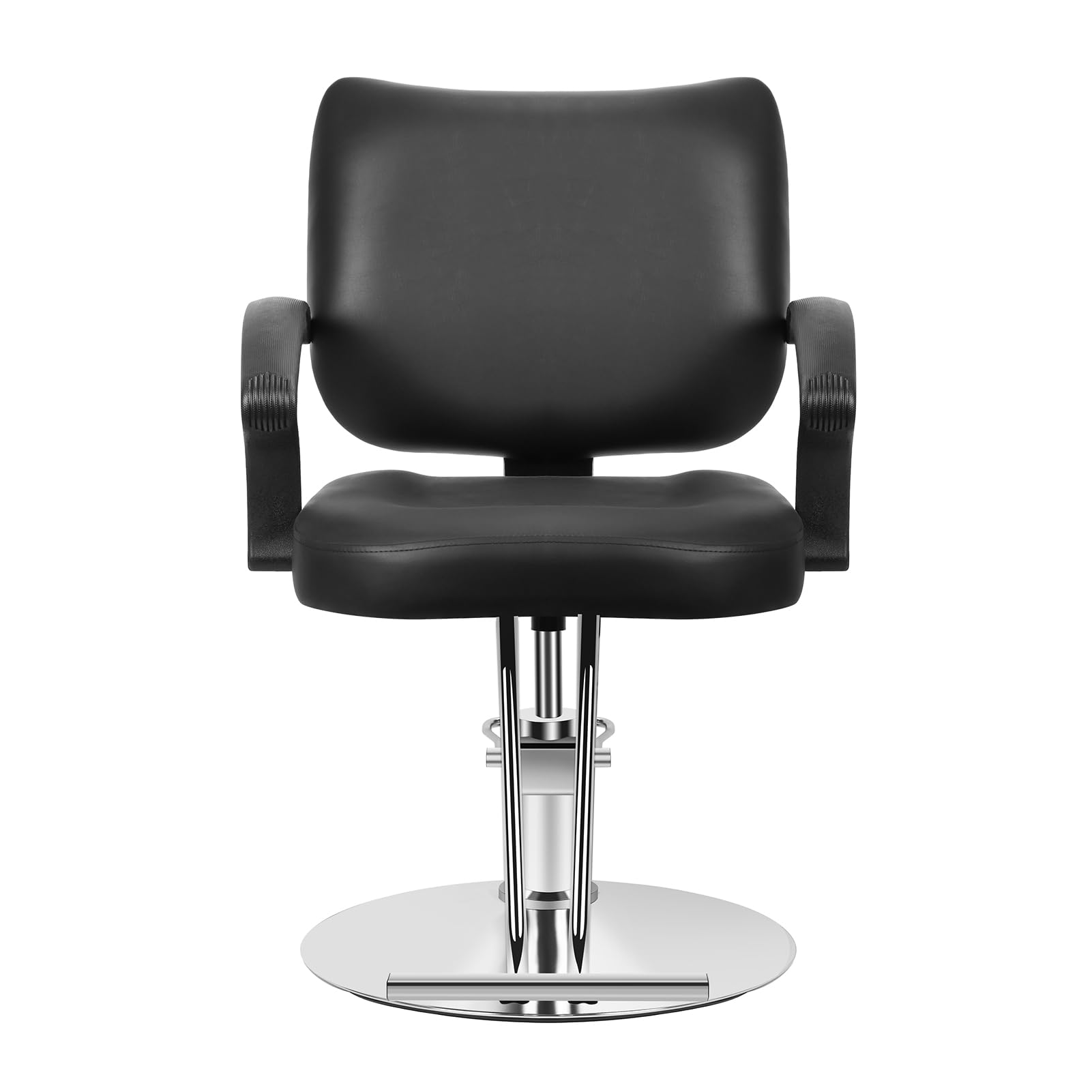 Professioneller Friseurstuhl, um 360 ° drehbar, Höhe verstellbar mit Hydraulikpumpe, ergonomische Halterung, rutschfeste Basis aus verchromtem Stahl, Bezug aus schwarzem Kunstleder