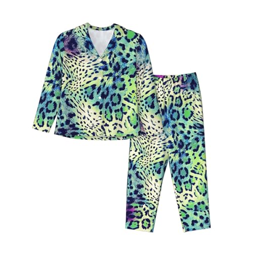 Pyjama léopard vert femme ensemble de nuit manches longues vêtement de nuit décontracté