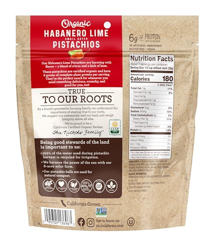 Image of Nichols Farms Organic InShell California Pistachios, Healthy Protein Snack, Habanero Lime, 14oz
