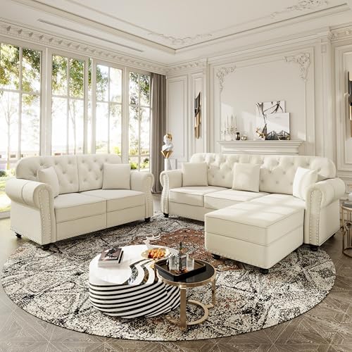Image of KEIKI 2-Piece Chesterfield Sofa Set with 1 Velvet 3-Seater Sofa & 1 Loveseat Sofa, Upholstered 5-Seater Couch Set with Nailhead Trim & Rolled Arms & 1 Ottoman & 5 Pillow, for Living Room, White
