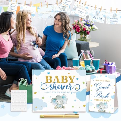 Image of Fuyoooo 27 Pcs Blue Elephant Themed Baby Shower Guest Book Set Baby Shower Sign in Guest Elephant Book Place Table Cards with Gold Pen Adhesive Photo Corner for Birthday Party