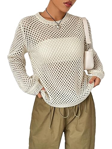 Image of Milumia Women's Hollow Out Sheer Fishnet Crochet Sweater Open Knit Pullover Tops Apricot Small