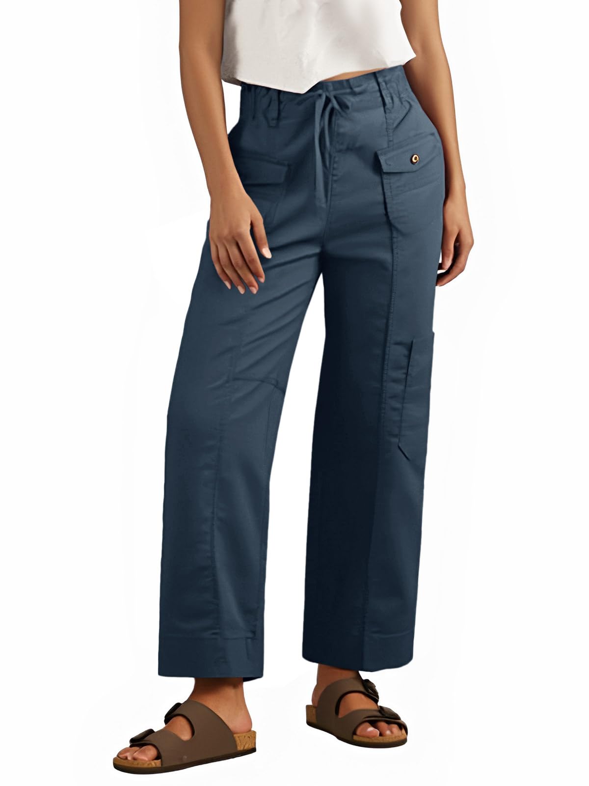 Photo 1 of Fisoew Womens 100% Cotton Cargo Pants Drawstring Elastic Waist Casual Hiking Work Pants with Multiple Pockets