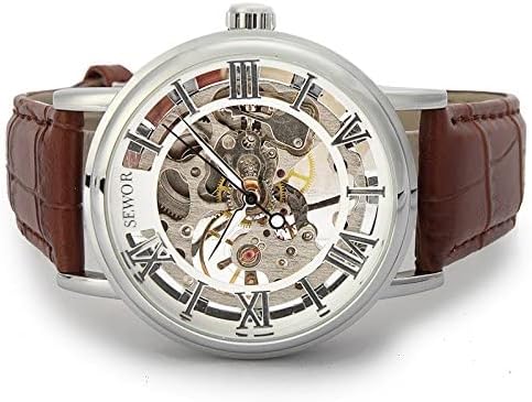 SEWOR Men's Mechanical Skeleton Transparent Vintage Style Leather Wrist Watch - Image 2