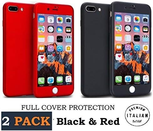 Premium Italian Design 2 Pack iPhone 8 Plus Case/iPhone 7 Plus Case Full Body, with 2 Tempered Glass Screen Protector for 360 Protective Shock Absorption Cover, Waterproof Bag Included (Red & Black)