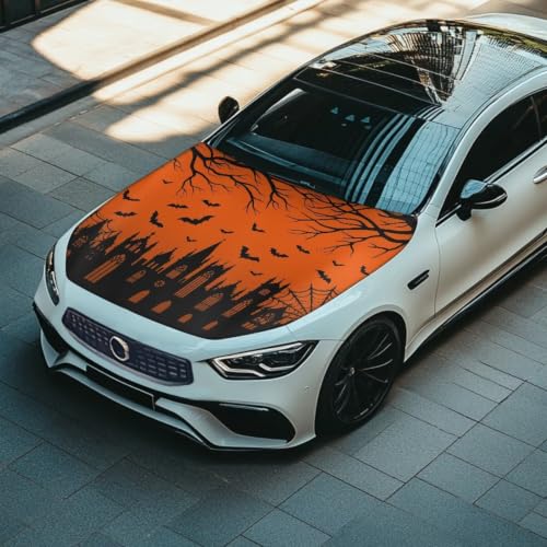 Image of Castle Bat Spider Web Print Car Hood Cover Stretchable Auto Hood Wrap Blankets Waterproof Automotive Halloween Outdoor Decorations for Compact Sedans SUV Trucks Van