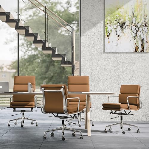 Image of Genuine Leather Office Chair, Padded Mid Back Ergonomic Executive Desk Chair with Aluminum Arm Rest and Base, Swivel Wheels with Lumbar Support & Tilting Function, Hight Adjustable Light Brown