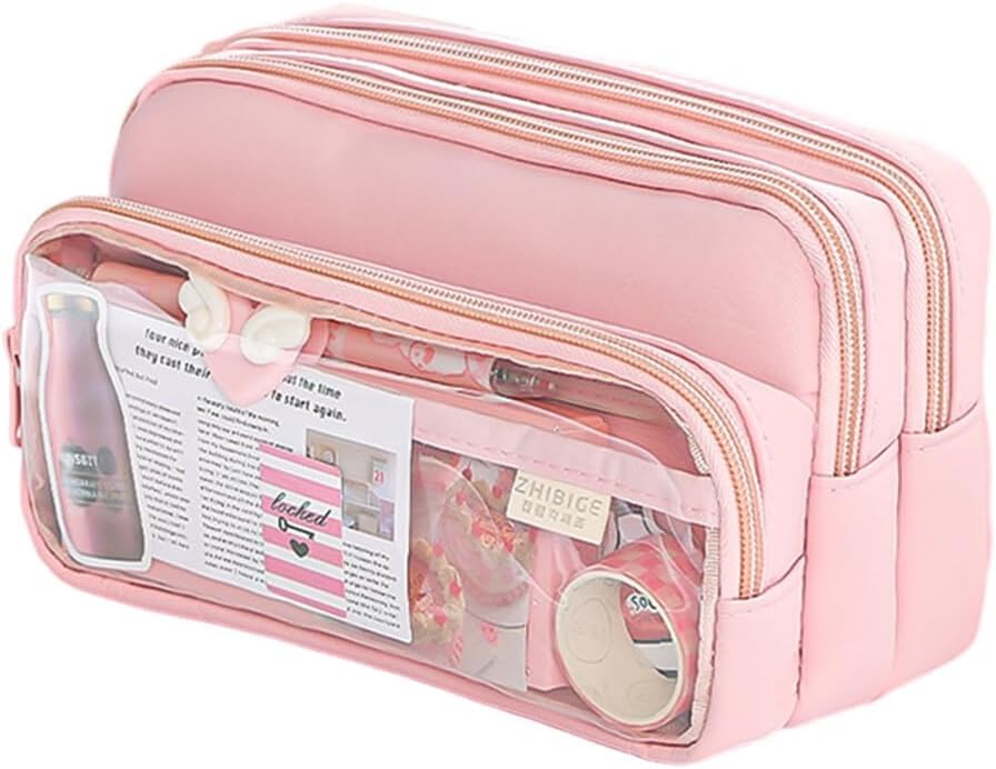 MINHADISI Large Capacity Pencil Case, Transparent Waterproof Pencil Case with 3 Compartments, Multifunctional Pencil Case for Students, Students and Office, Gift Idea, peach, Youth Style
