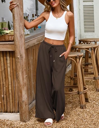 Faleave Women's Linen Palazzo Pants Summer Wide Leg High Waist Casual Lounge Pant Trousers with Pocket 5