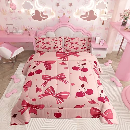 Feelyou Bow Comforter Set for Girls Boys Kids Twin Size Cheery Comforter Room Decor Cute Bedding Set Hot Rose Duvet Set