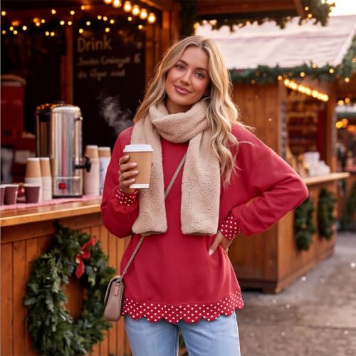 Womens Mock Neck Sweatshirt Patchwork Scalloped Edge Polka Dot Pullover - image 6