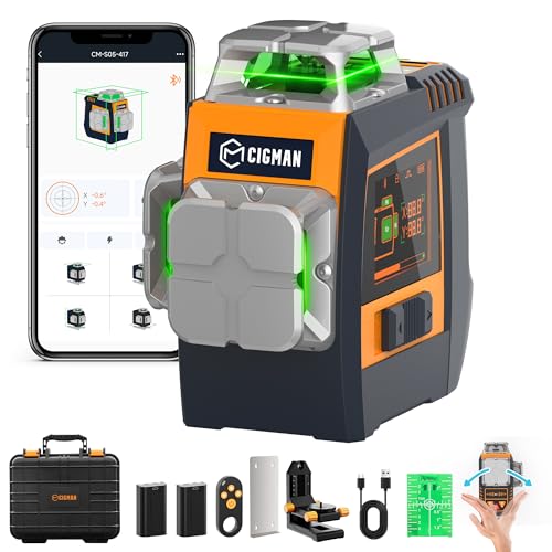 Niveau laser 360 autonivelant CIGMAN à commande gestuelle, laser vert 30 m pour laser chantier, contrôle lignes & luminosité par gestes, mode stroboscopique, Bluetooth APP, 2 batteries Li-ion pour lon