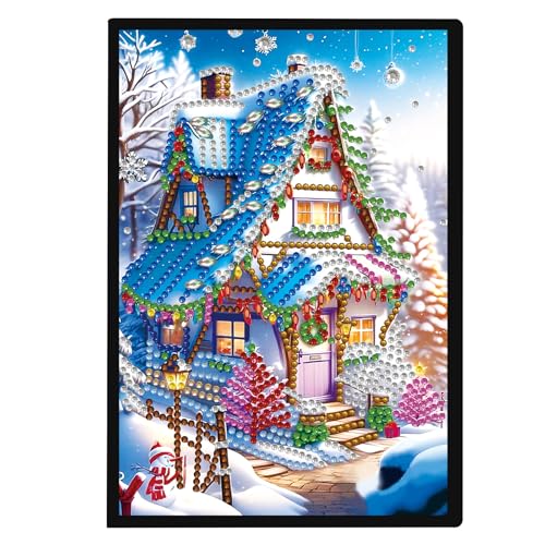 Image of 5D Diamond Painting Notebook, DIY Snowy Christmas House Leather Cover Diary, Special Shaped Diamond Art Sketchbook, 100 Pages /50 Sheets A5 Blank Journal for Writing, Office, Study, 21 x 14.5 cm