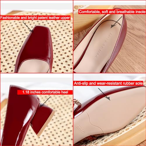 Zeberfi Women's Patent Leather Low Chunky Heel Mary Jane Pump Shoes Closed Square Toe Shallow Mouth Dress Shoes with Adjustable Strap Buckle Business Wedding2