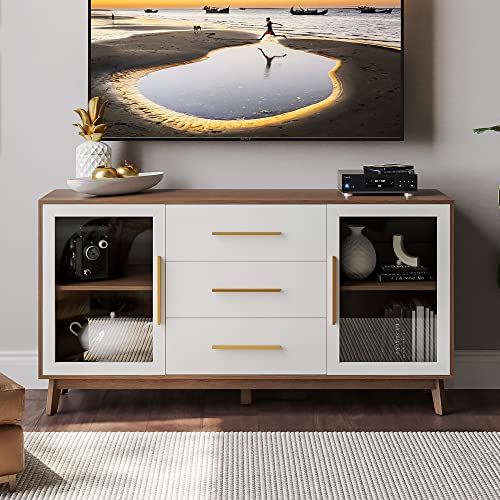 Belleze Sideboard Buffet Cabinet With 3 Drawers & 2 Doors, Console Table For Kitchen Glass Storage Cabinet Coffee Bar Accent Cabinet For Living Room Dining Room Hallway, White #TOP4