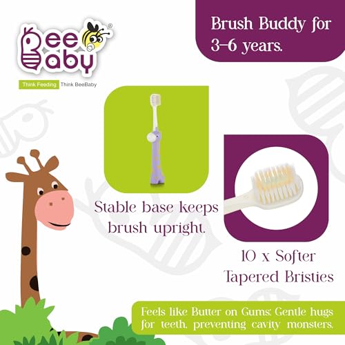 Image of BeeBaby Brush Buddy Baby Toothbrush for Kids 3-6 Years, Ultra Soft Tapered Bristles Toddler Toothbrush for Milk & Permanent Teeth, BPA Free Easy Grip Toothbrush for Sensitive Gums - Violet Giraffe