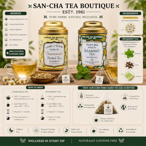 Image of Sancha Tea Boutique, Combo Pack, Chamomile Herbal (50g Loose Flowers) & Spearmint Herbal (25 Pyramid Bags), Caffeine Free Floral & Mint Tisanes, Traditionally Valued for Calm & Refreshment