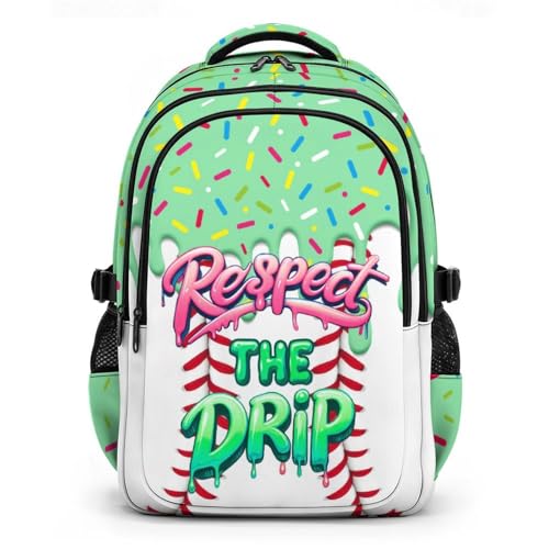 GiftRomance Backpack for School Baseball Drip Backpack for Boys Girls Green Durable Aesthetic Bookbag for Club Home Camp Hiking Teams