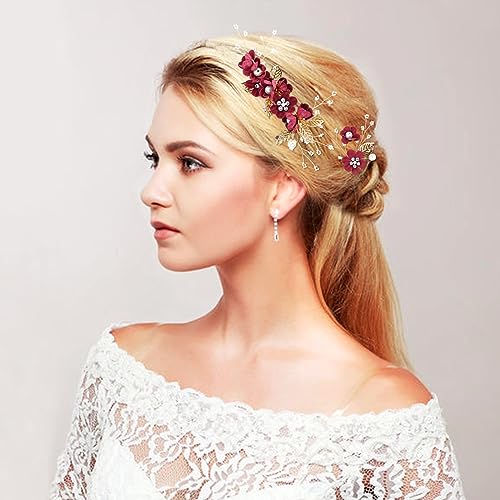 inSowni 20 Pack Decorative Flower Bridal Wedding Hair Side Combs+U-shaped Flower Hair Pins+Twist Spiral Pearl Hair Pins Headpieces Accessories for Brides Bridesmaids Women Girls (Wine Red) - Image 4