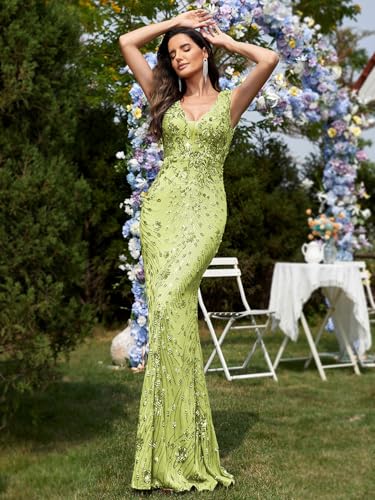 Image of Womens Sequined Long Evening Gown Glamous Sleeveless V-Neck Mermaid Prom Dress for Wedding Party Club Occasions
