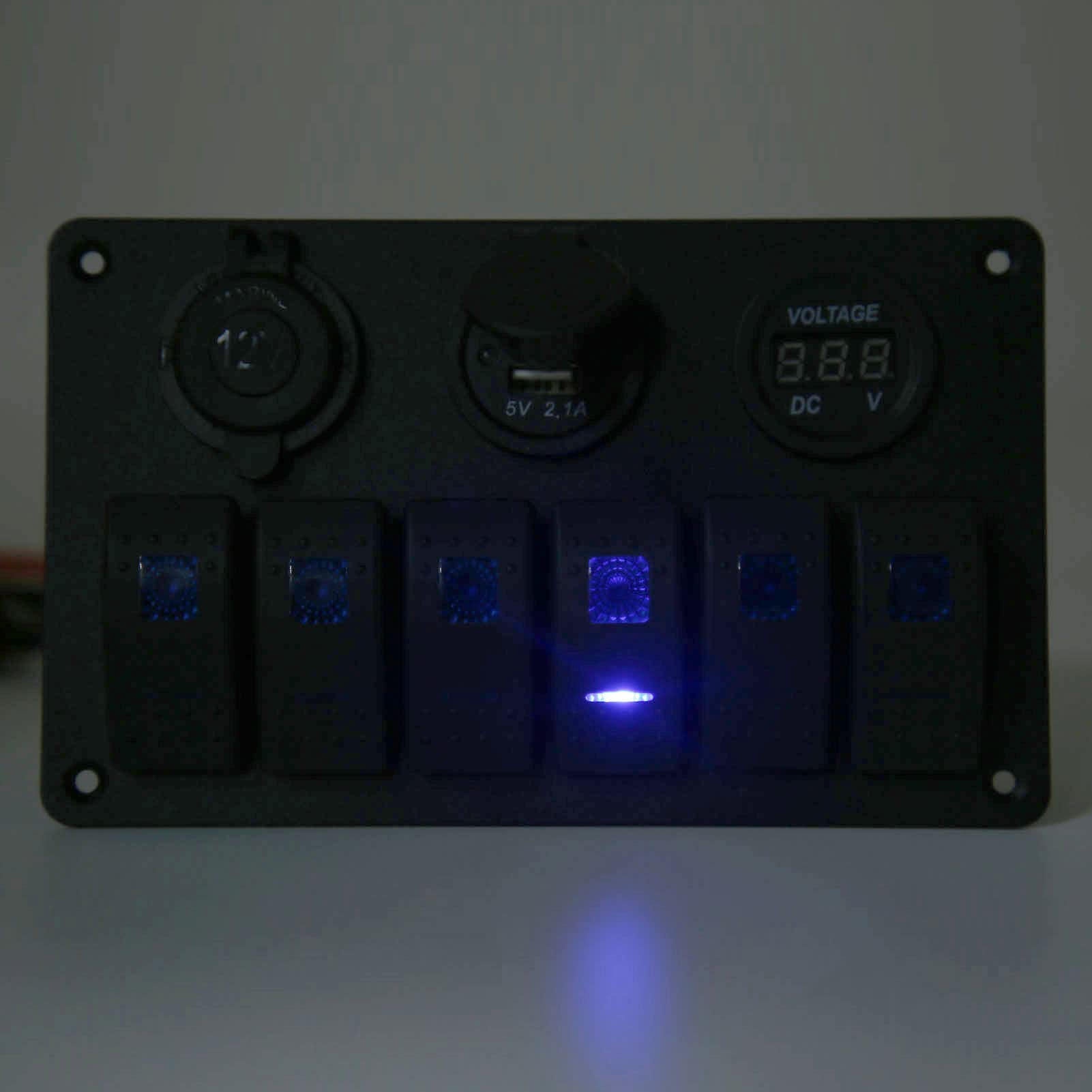 Panel przełączników kołyskowych SustVita 6-krotny 12 V 24 V z podwójnym portem ładowarki USB i woltomierzem LED do samochodów kempingowych, przyczep kempingowych i SUV-ów
