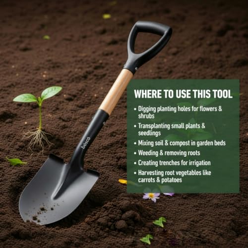 Image of BOSCO Small Multi-Purpose Shovel for Outdoor, Gardening, Engineering, Camping&Construction Rust-Resistant Steel Blade Compact&Durable Tool for Digging,Lifting,Moving Heavy Duty Shovel with D Handle
