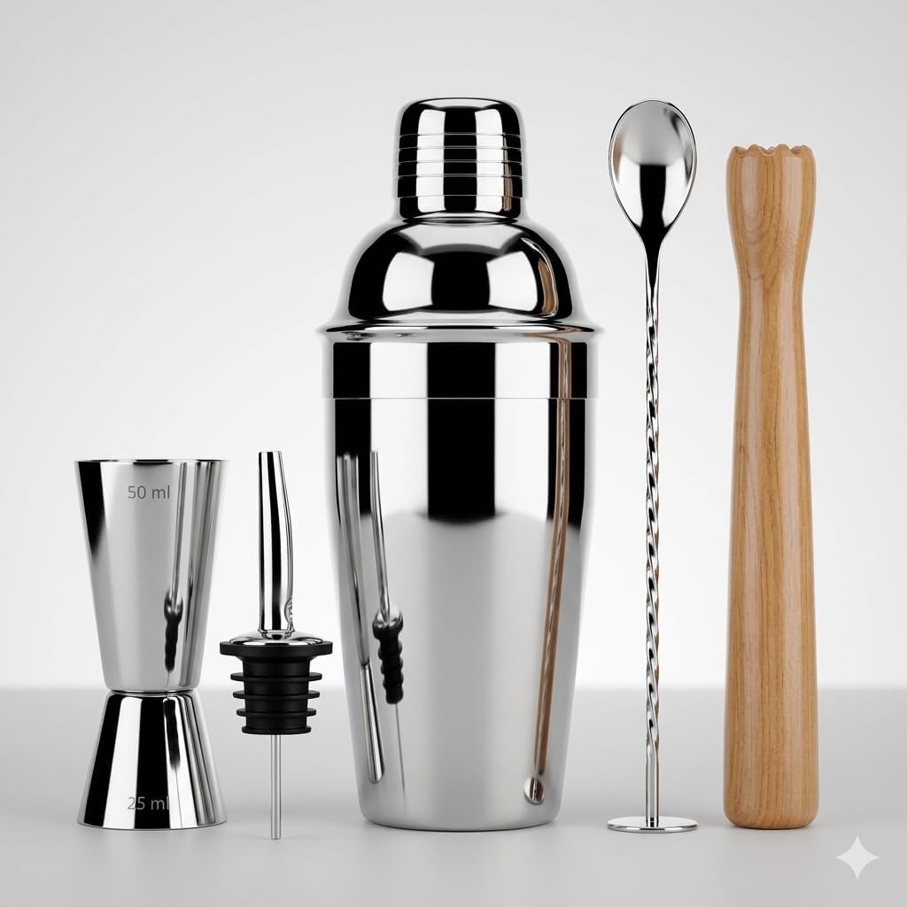 Paslanmaz Çelik Kokteyl Shaker Seti, Jigger, Bar Kaşığı, Ahşap Muddler ve Şişe Dökücü ile, Gümüş 350 cl