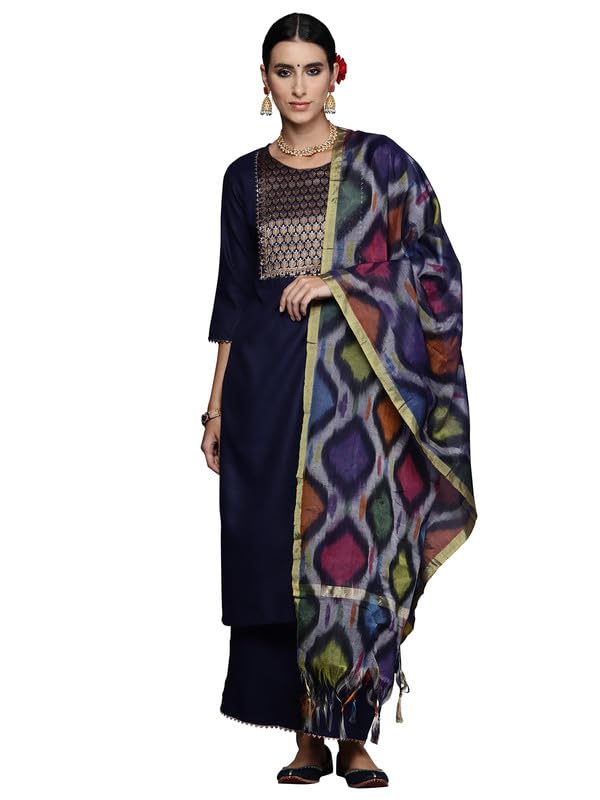 Image of INDO ERA Cotton Women's Yoke Design Kurta Pant With Dupatta Set