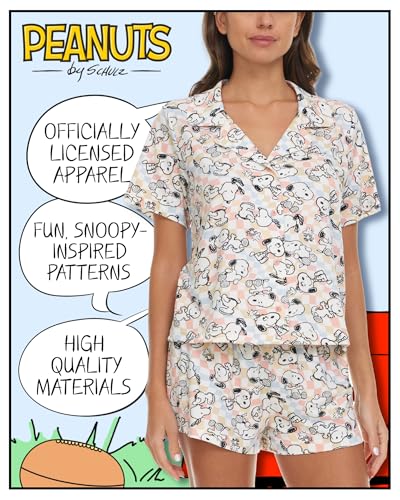 Image of COCO BRANDS Peanuts Snoopy Womens Pajama Set - 2 Piece Short Sleeve Button Down Sleep Shirt and Pajama Shorts