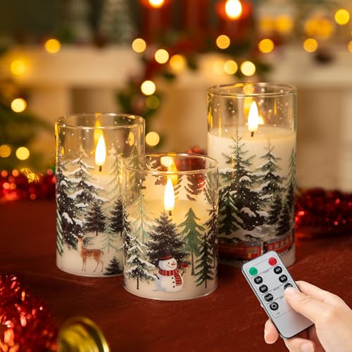 Image of LUSHARBOR LUSHABOR Christmas Flameless Candles, 3 Pack Battery Operated Candles for Christmas Mantel Decor, Glass LED Flickering Candles Home Xmas Party Holiday D3 H4 5 inch 6 inch, Trees