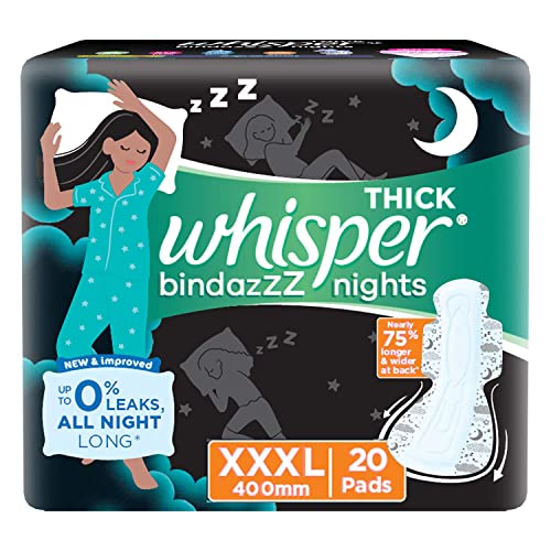 Image of Whisper Bindazzz Night Sanitary Pads|20 Thick Pads|XXXL|upto 0% Leaks|Suitable for Heavy Flow|75% Longer & Wider back|Comfortable Cushiony soft wings|40 cm Long|With disposable wrap (Pack of 2)