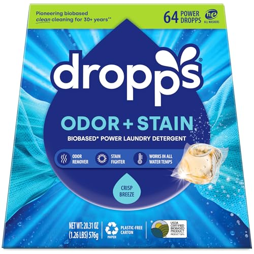 Dropps Odor & Stain Biobased Power Laundry Detergent Pods, Crisp Breeze HE Compatible Laundry Pods for Fresh Clothes - Laundry Soap Supplies & Recyclable Paperboard Packaging