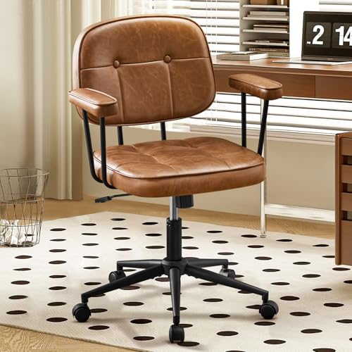 Hellove Chaise de Bureau avec roulettes, Fauteuil de Bureau en Cuir PU Hauteur Réglable, Siège Roulante Pivotante à Dossier pour Salon et Chambre à Coucher, Marron